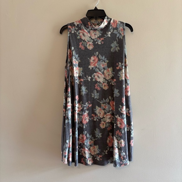 mts Dresses & Skirts - mts Gray Floral Sleeveless Mock Neck Tunic with Pink and Teal Accents